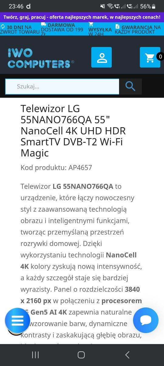 Telewizor NanoCell LG 55NANO766QA 55 cali 4K UHD Uszkodzony!