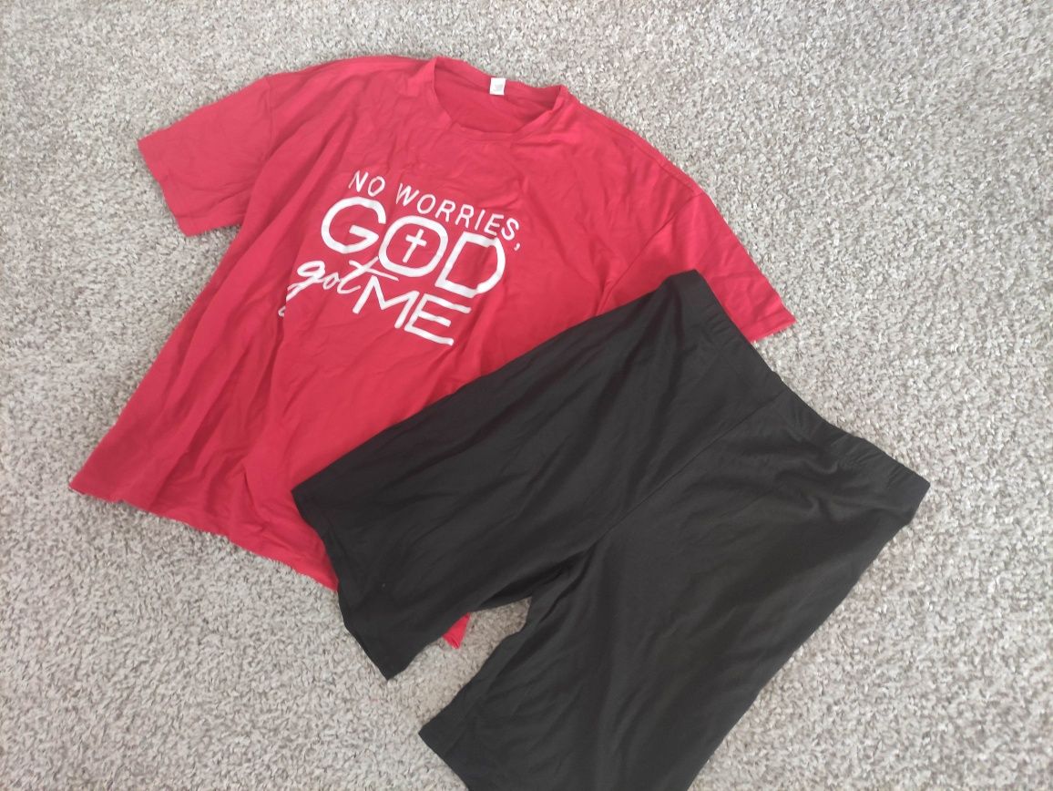 Nowy czerwony komplet XXL damski napisy kolarki t-shirt wygodny lato