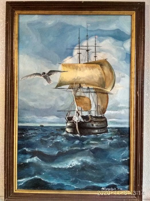 Картина "Чайка і парусник" маслом, дерево. Продам