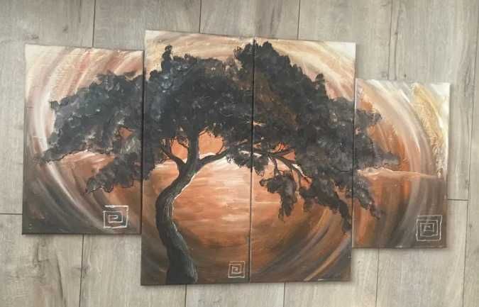 Obraz ręcznie malowany tryptyk drzewo 120 x 69,5 cm