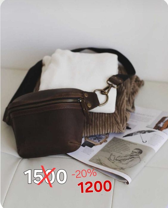 Шкіряна бананка , синя, натуральна шкіра