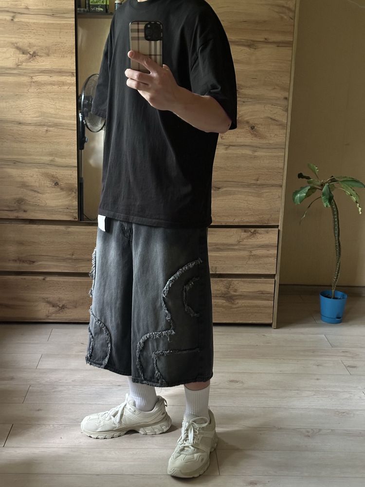 Широкі чоловічі оверсайз чорні шорти baggy washed м л хл m l xl реп