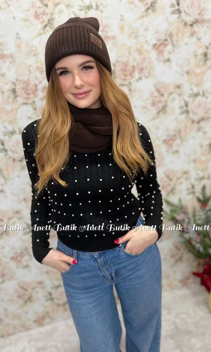 Brązowy Komplet Czapka + Komin