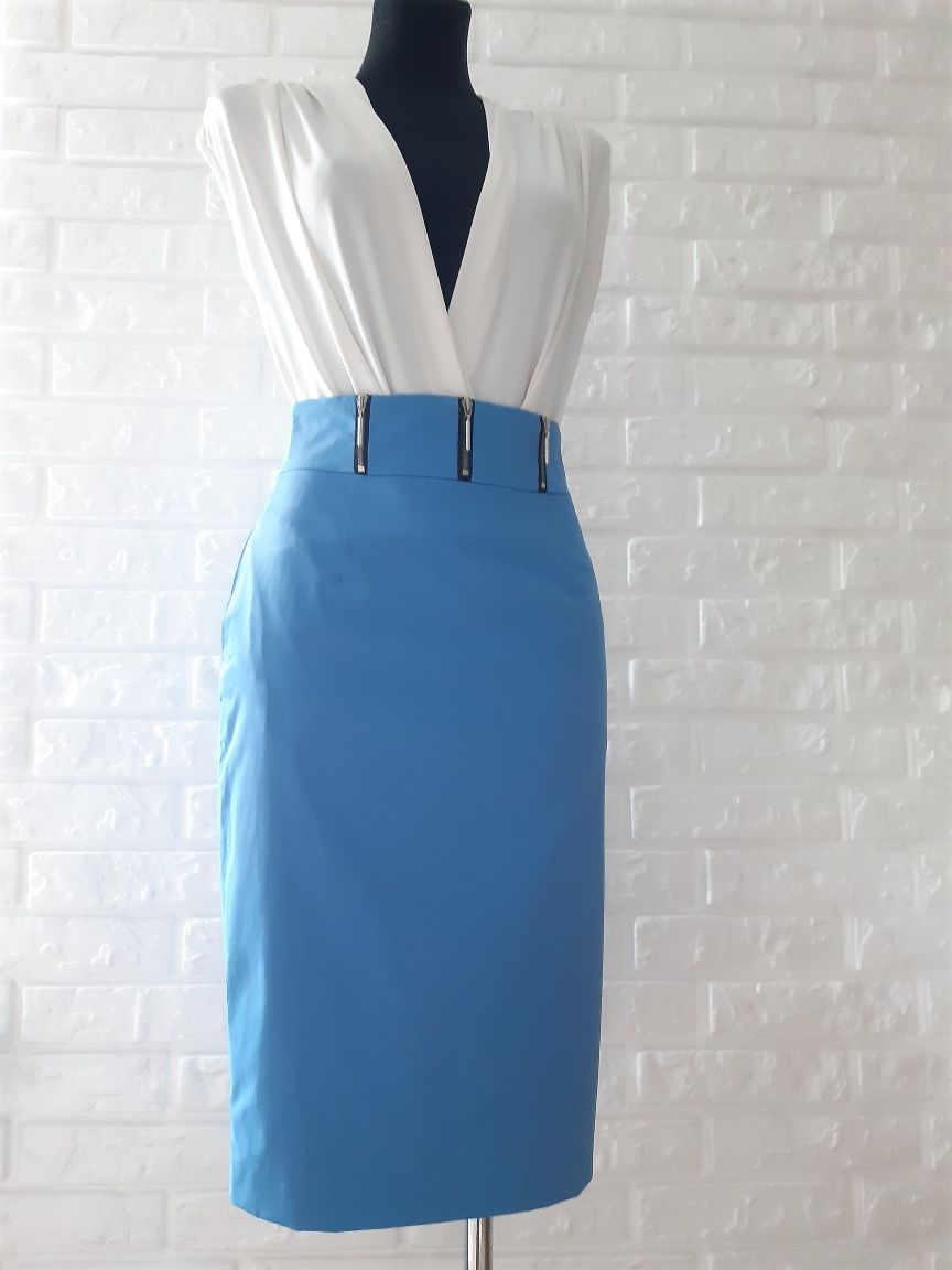 SIMPLE elegancka klasyczna spódnica ołówkowa midi wysoki stan niebiesk