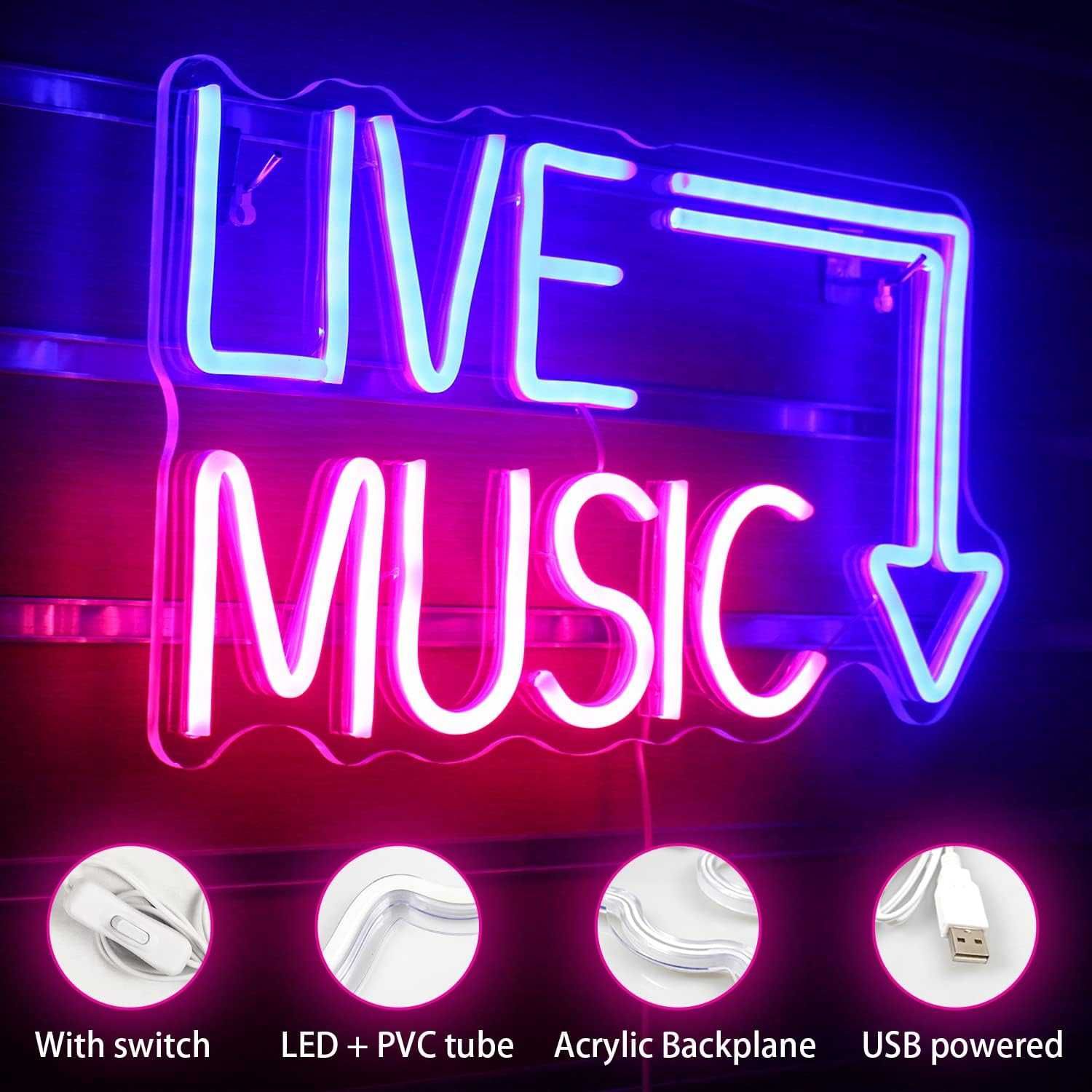 Sinal de Luz Néon LED Decorativo - Music Live - Decoração Néon LED