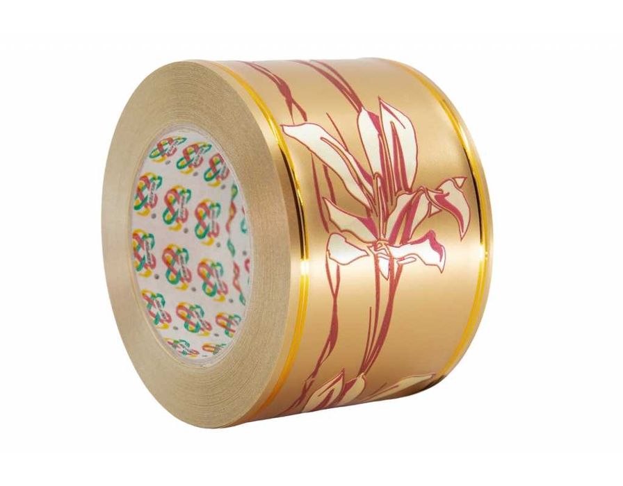Wstążka pp ze wzorem "lilie" ze złotymi paskami 8cm/50yd ZŁOTA