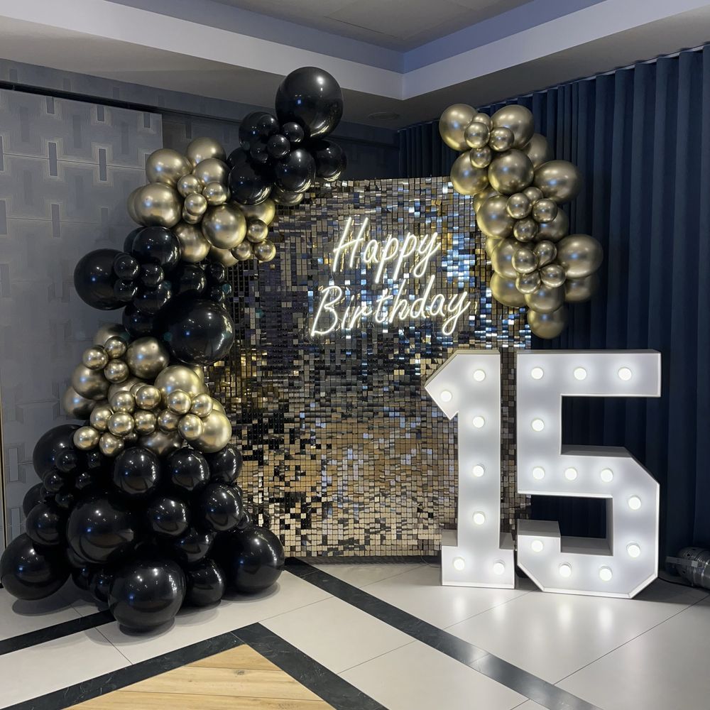 Ścianka cekinowa, cekiny 18-stka, cyfry led, neon happy birthday
