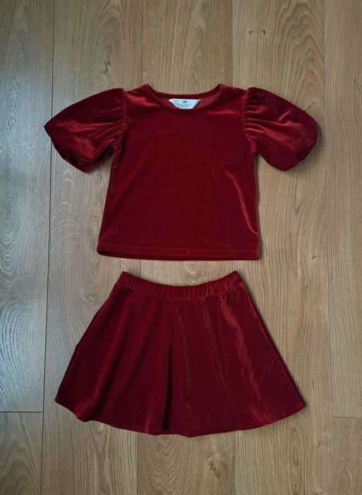 Красный нарядный бархатный костюм для девочки/бархатная юбка кофта