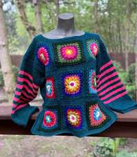 Sweter handmade, na szydełku, kwadraciki babuni