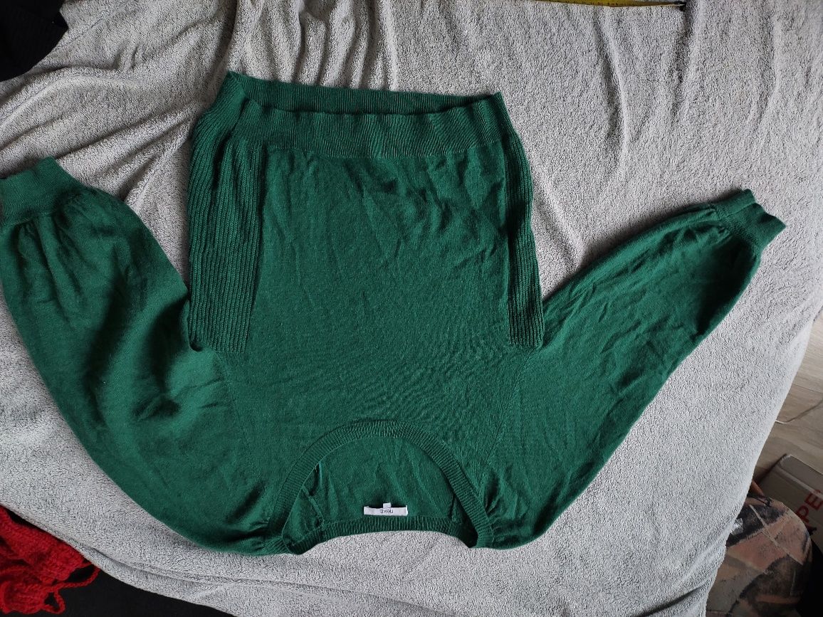 Sweter zielony z dodatkiem wełny, pufowane rekawy 36 S next