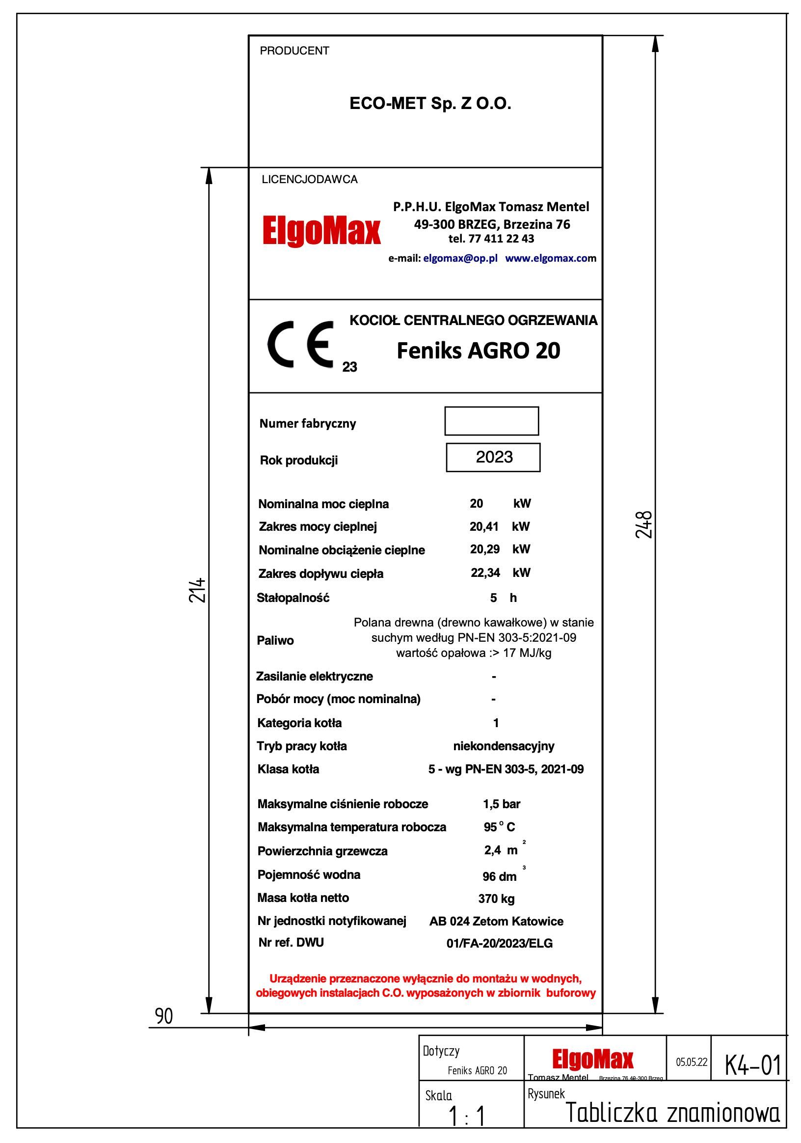 Kocioł spalania drewna Feniks AGRO 20kW ECODESIGN 5 Klasa Lista ZUM