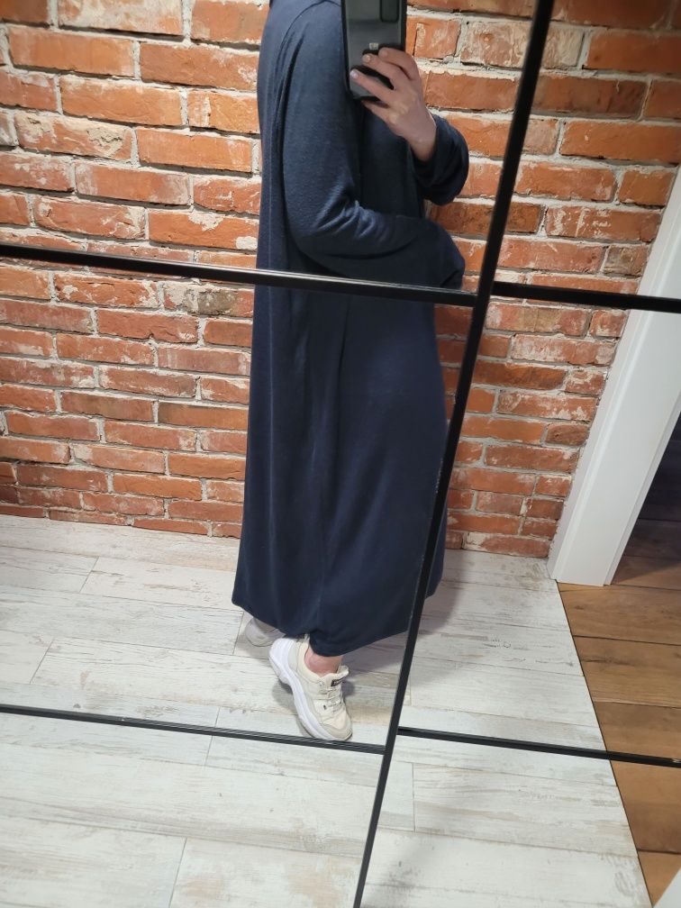 Mega długa lniana sukienka z kołnierzykiem oversize H&M premium