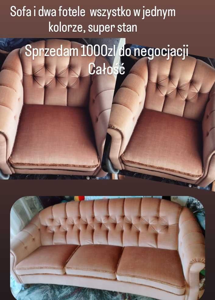 Wypoczynek sofa skandynawska i fotele welur guziki