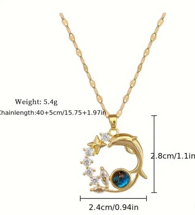 Złoty wisiorek z delfinem i gwiazdkami