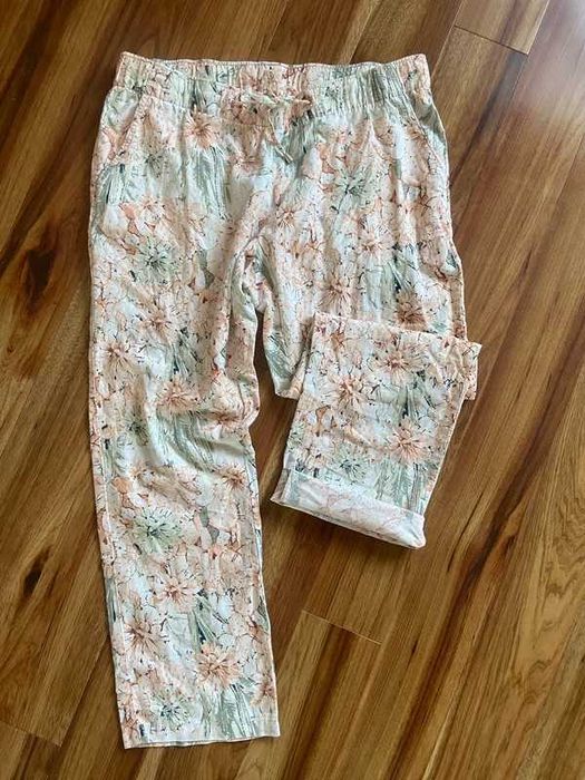 Xxl 44 42 spodnie lnine len wzory pastele beż plus size +size