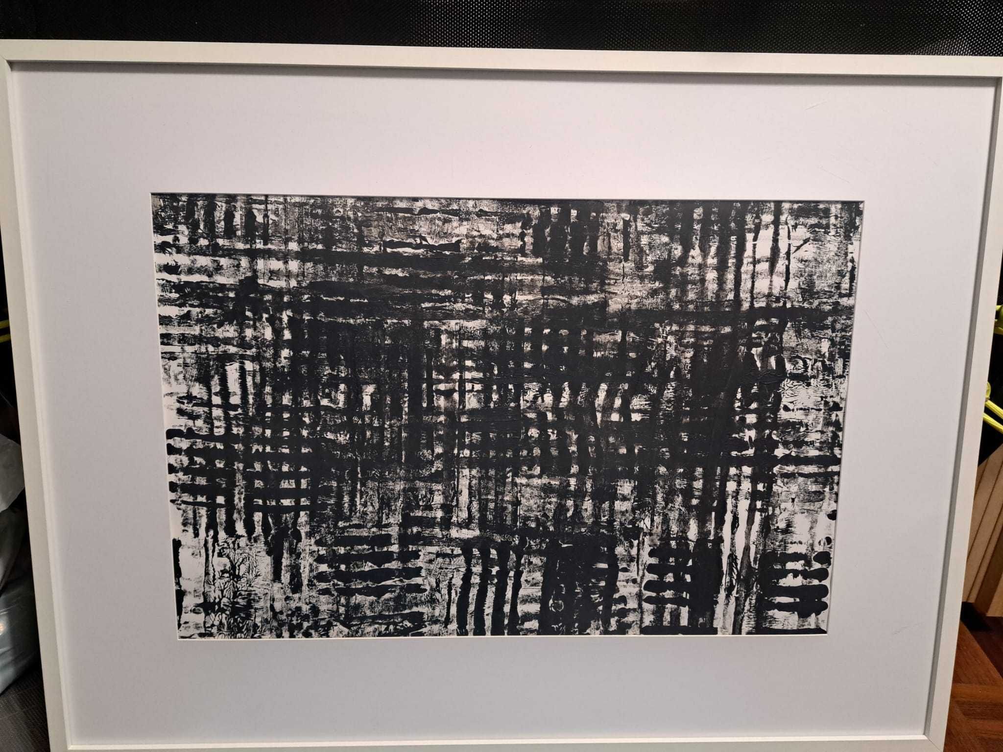 Pintura original acrílico abstracto linhas preto e branco 42 x 59,4 cm