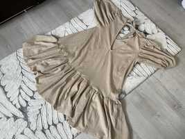 Sukienka beżowa rozkloszowana bufiaste rękawy boho letnia