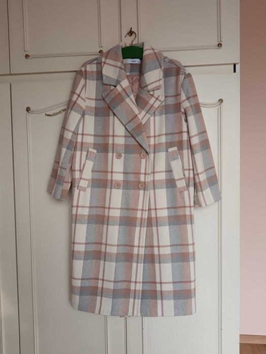 Płaszcz z wełną Reserved w kratę beż beżowy ecru kremowy szary