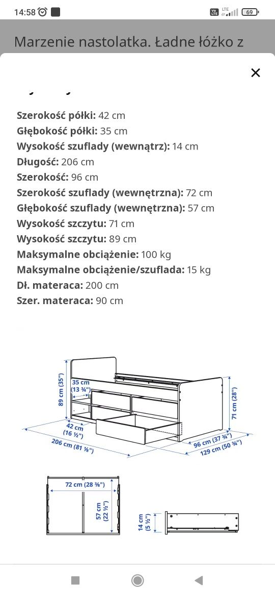 Łóżko że stelażem ikea SLÄKT 90x200 szuflady