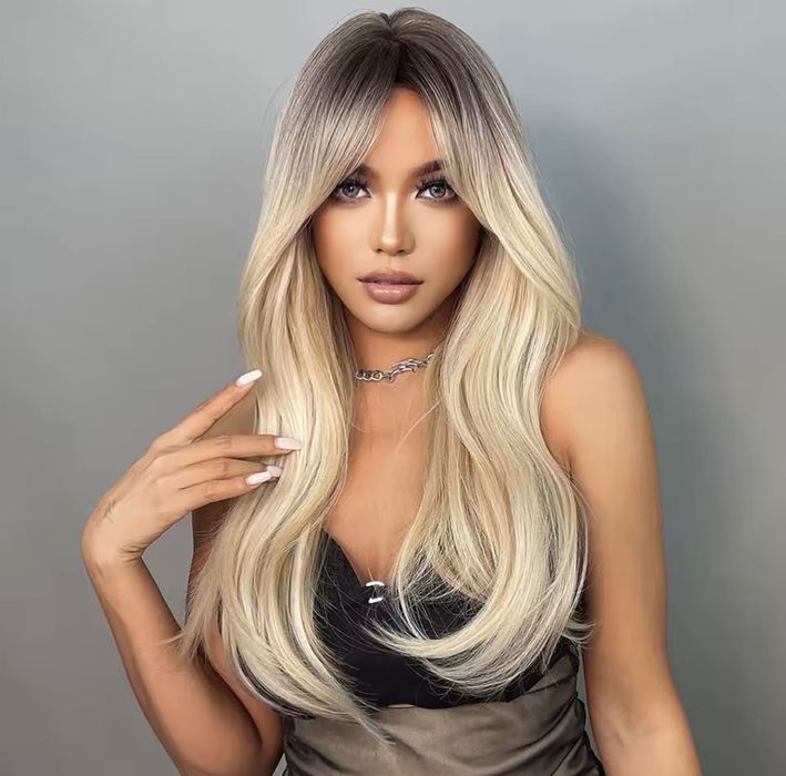 Nowa peruka blond z grzywką curtain długa prosta z odrostem modna