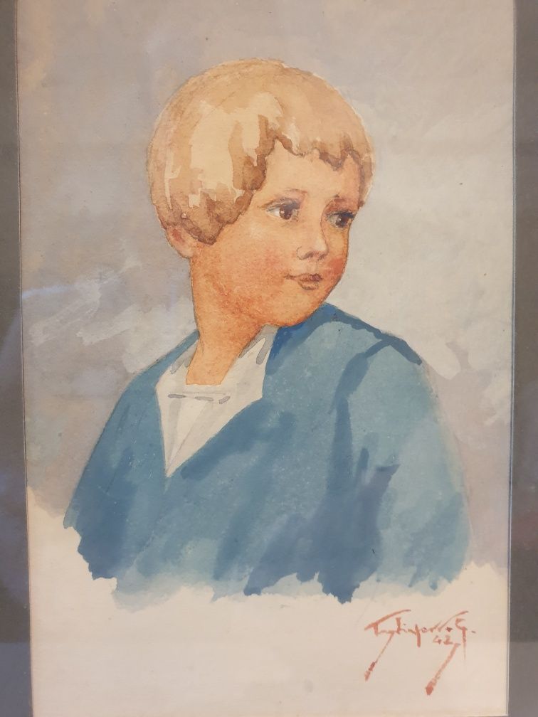 Aquarela antiga  retrato de um menino  de 1942 - assinado