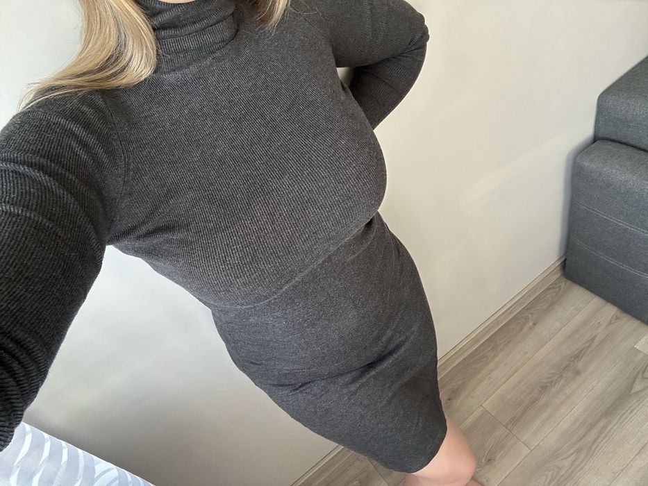 ZARA swetrowa sukienka z golfem L szara ciepła obcisła elegancka