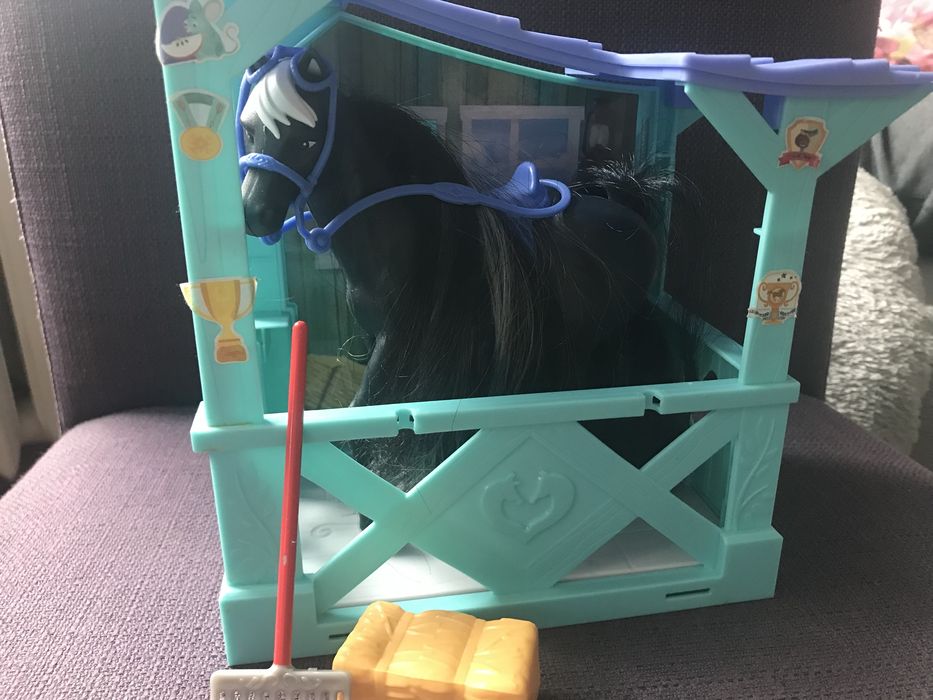 Czarny koń w stajni