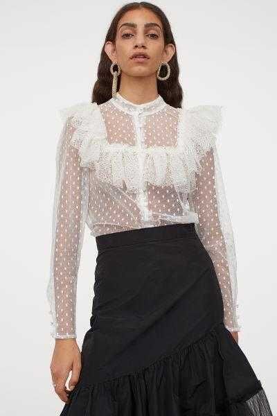H&M Sandra Mansour Tiulowa bluzka z falbaną