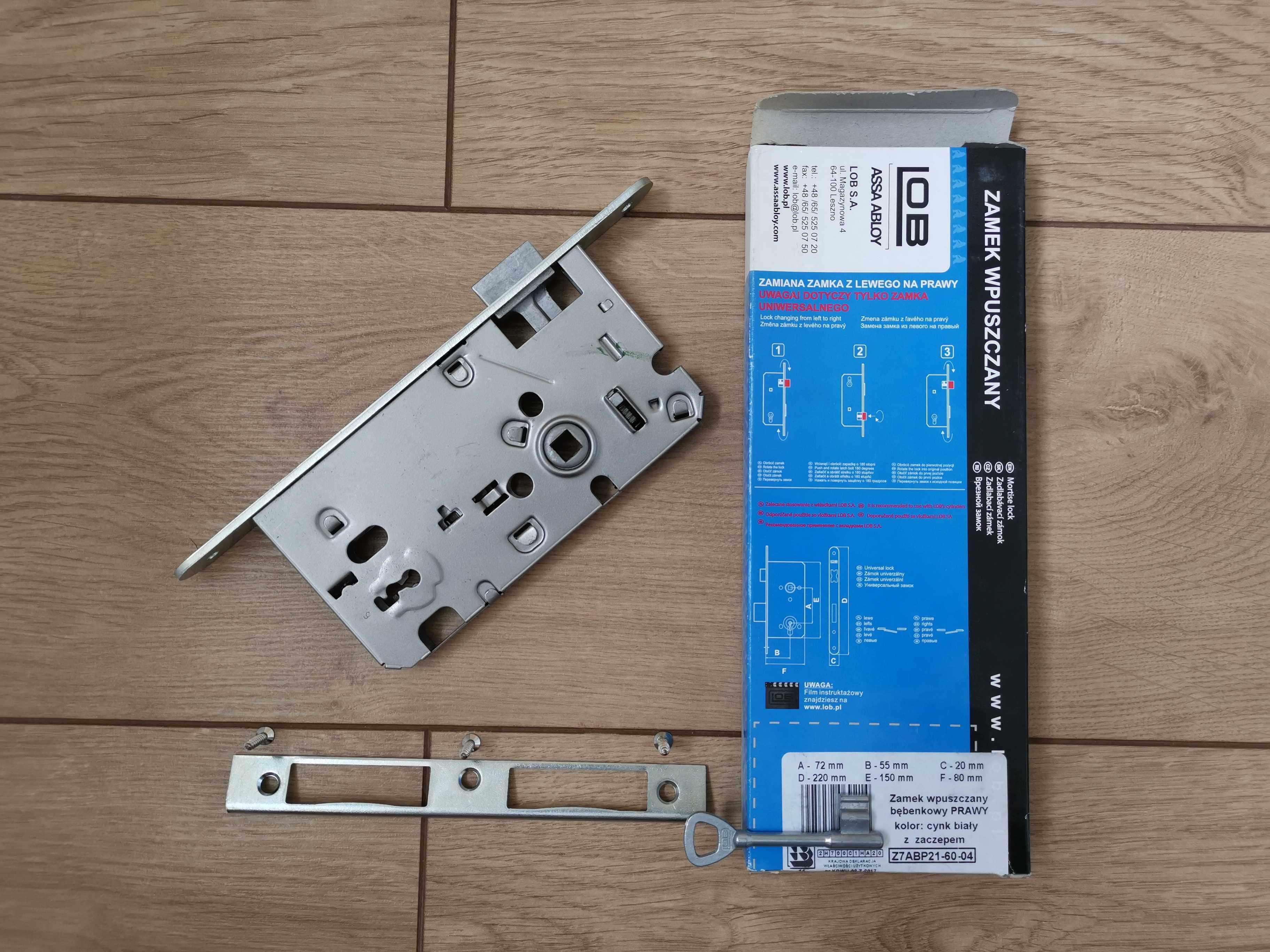 Zamek wpuszczany prawy 72/55mm LOB (Assa Abloy) z kluczem