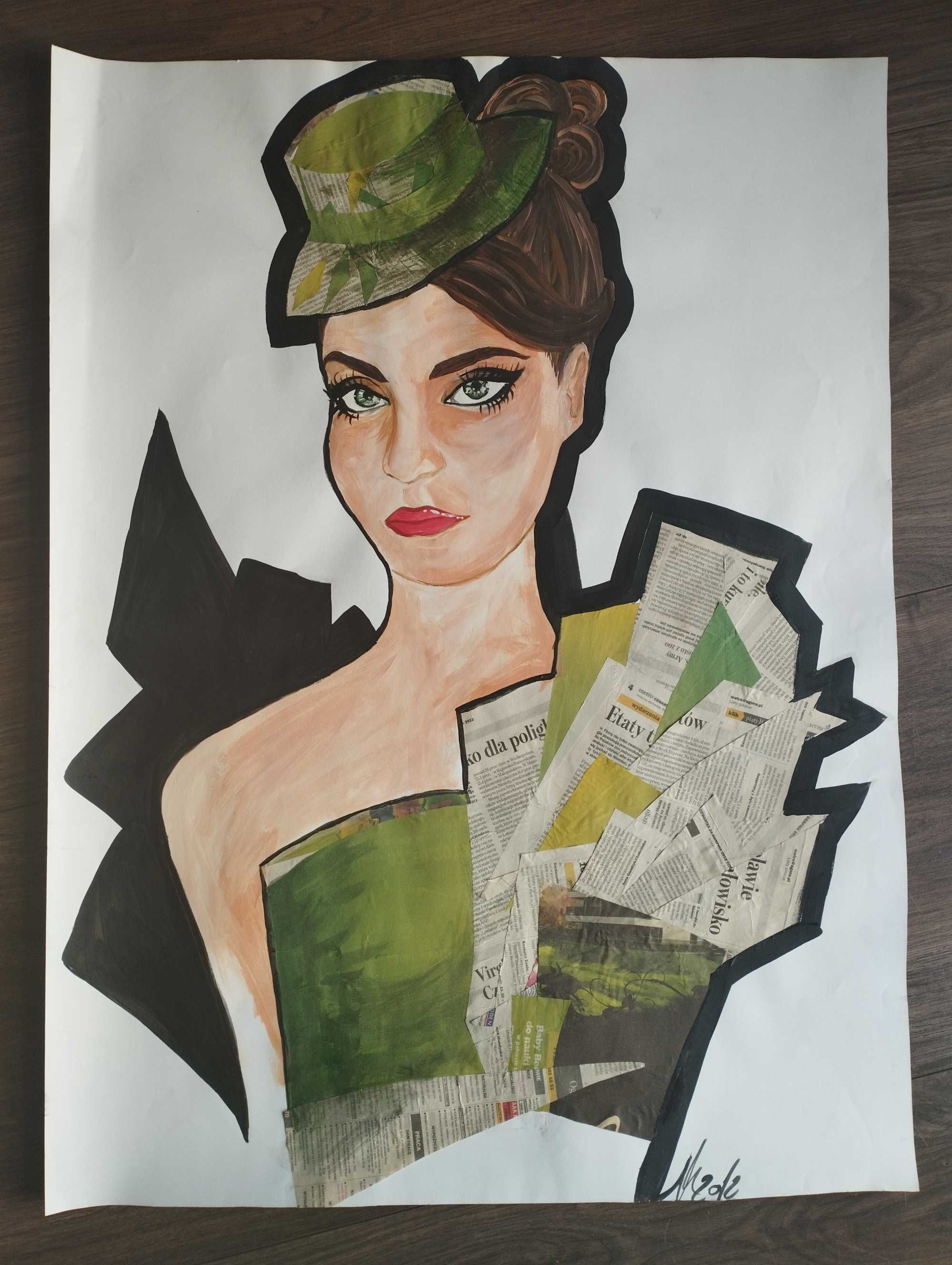 Obraz loft industrialny 60x80 cm kobieta w kapeluszu akryl gazeta