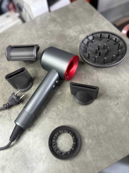 Фен Super Dyson, 5 насадок, колір сірий-червоний іонізація