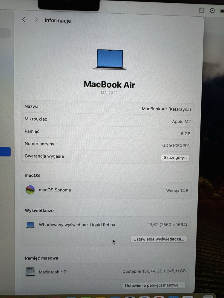 MacBook Air M2 8GB / 256 GB w idealnym stanie