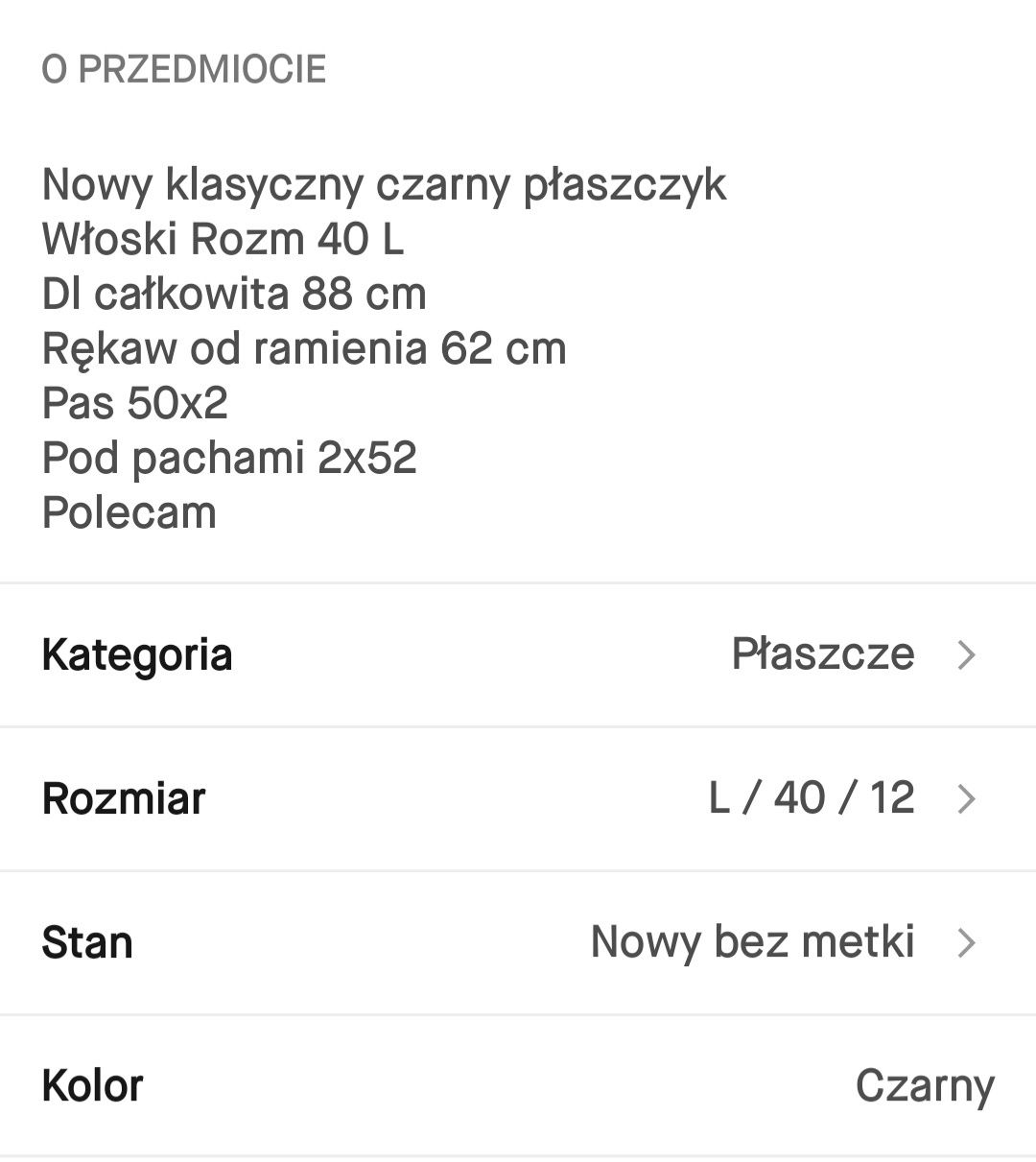 Wiosenny czarny plaszcz 40 L nowy