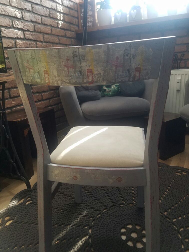 Krzesło handmade, decoupage, szare zdobione, oryginalne, niespotykane!