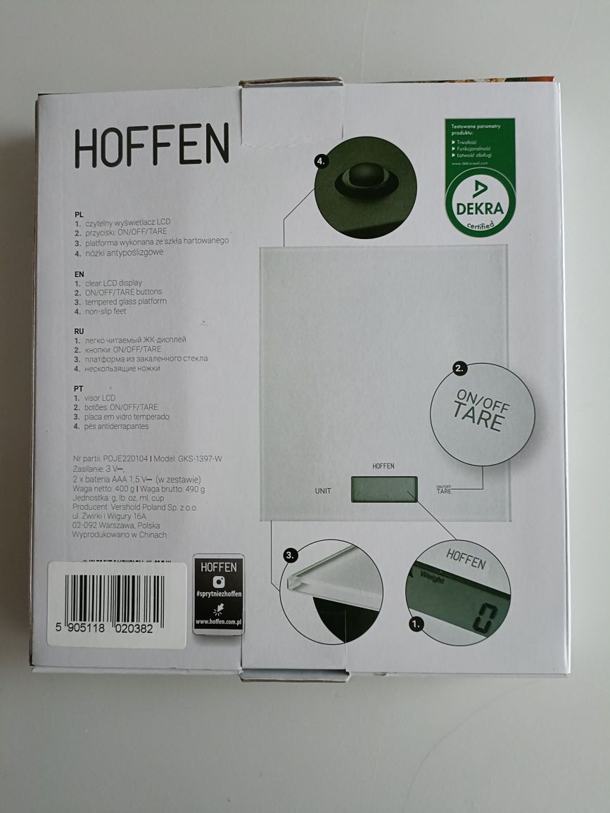 Waga kuchenna Hoffen
Czytelny wyświetlacz LCD
Przycisk ON/OFF/TARE
Pla