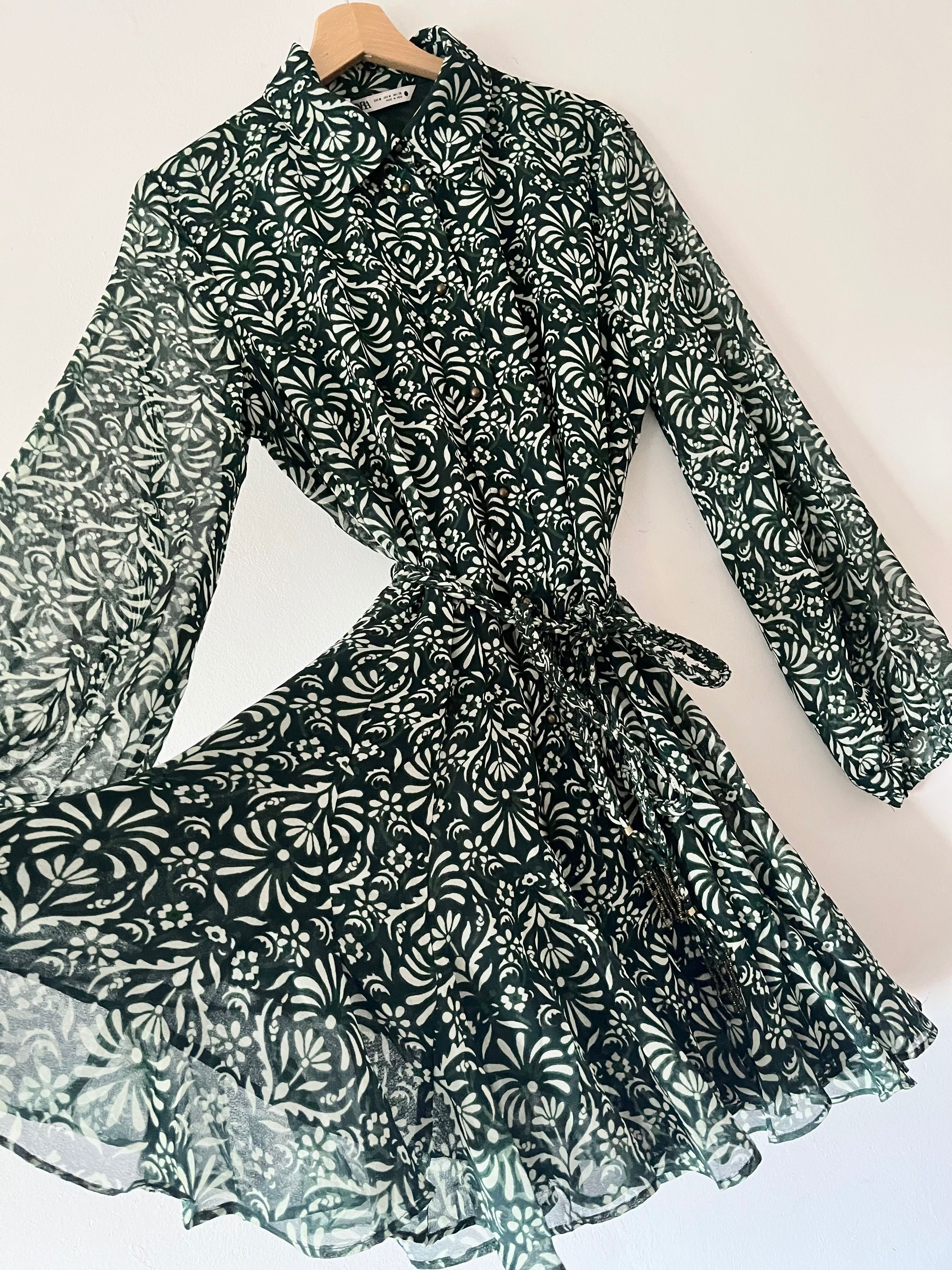 Sukienka Zara mini rozmiar XL butelkowa zieleń wzorki wiązanie w talii