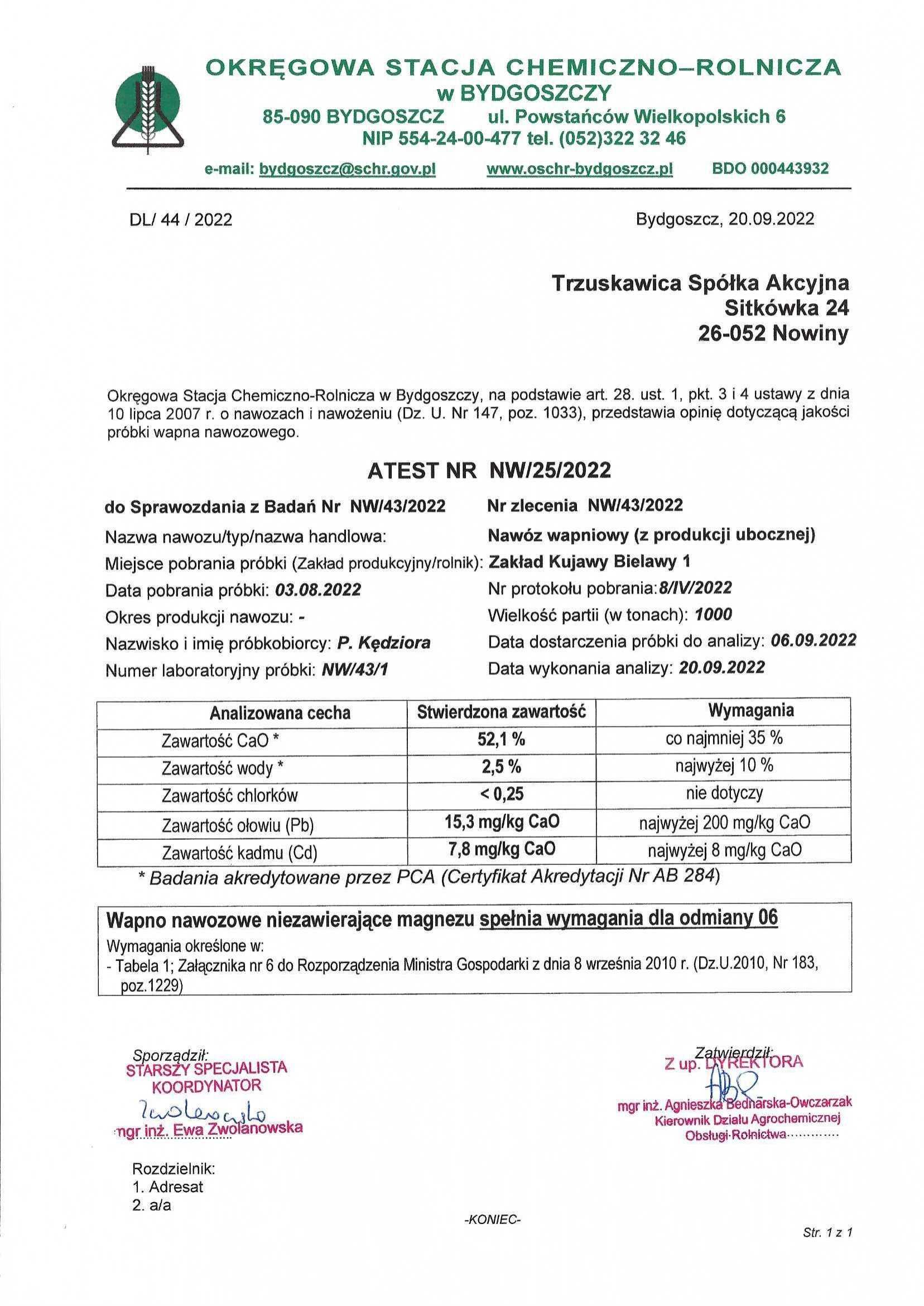 Wapno nawozowe AGROBIELIK 35, odm.04, CaO>50%, Faktura VAT