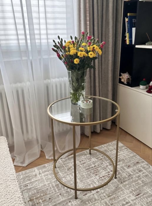 Stolik kawowy szklany okrągły złoty glamour