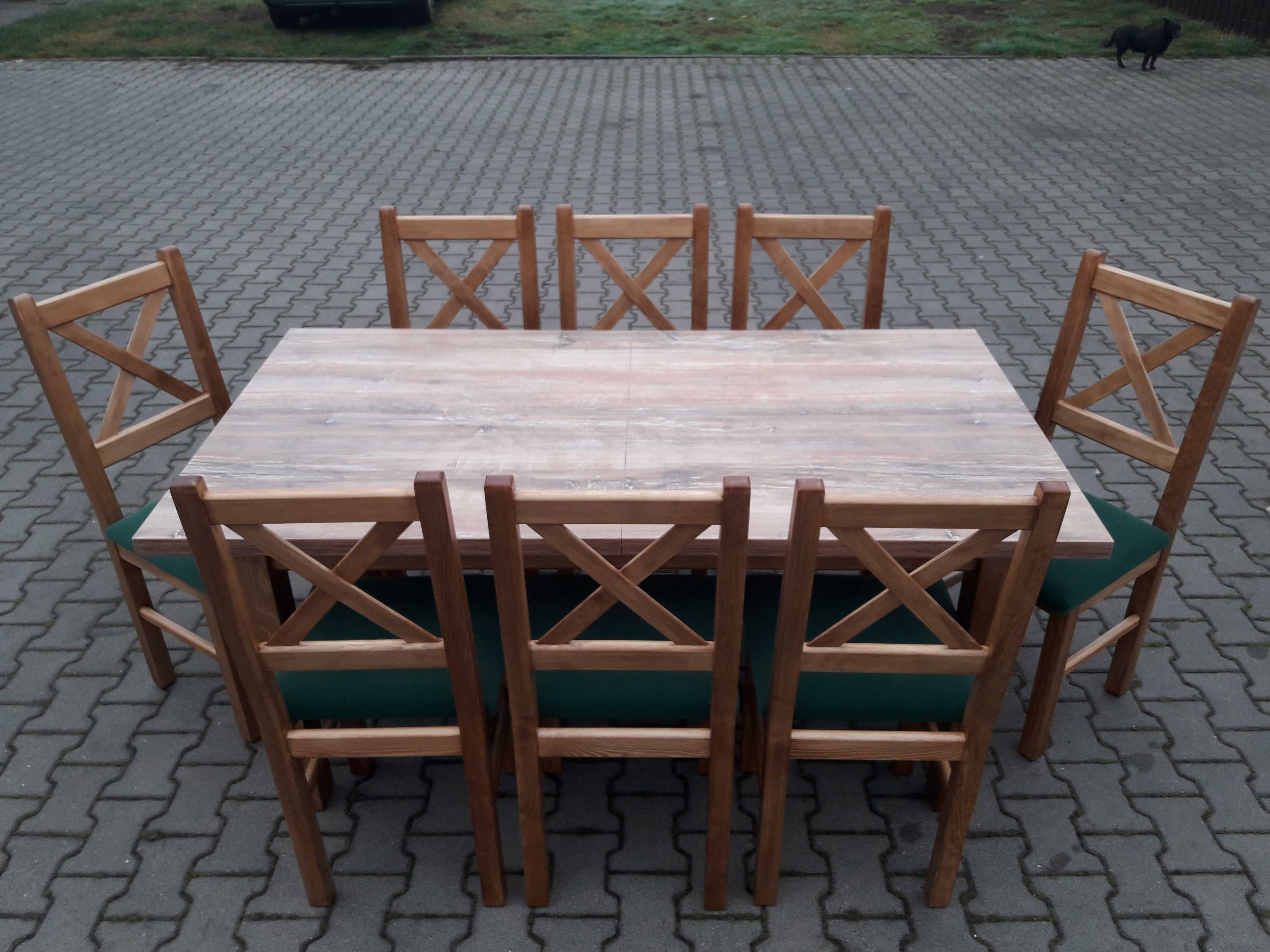 Stol 185/244x95+8 krzesel krzyzowe dab rustykal+blat drewno retro