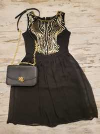 Sukienka czarna złota na suwak Reserved rozkloszowana 34 XS z cekinami