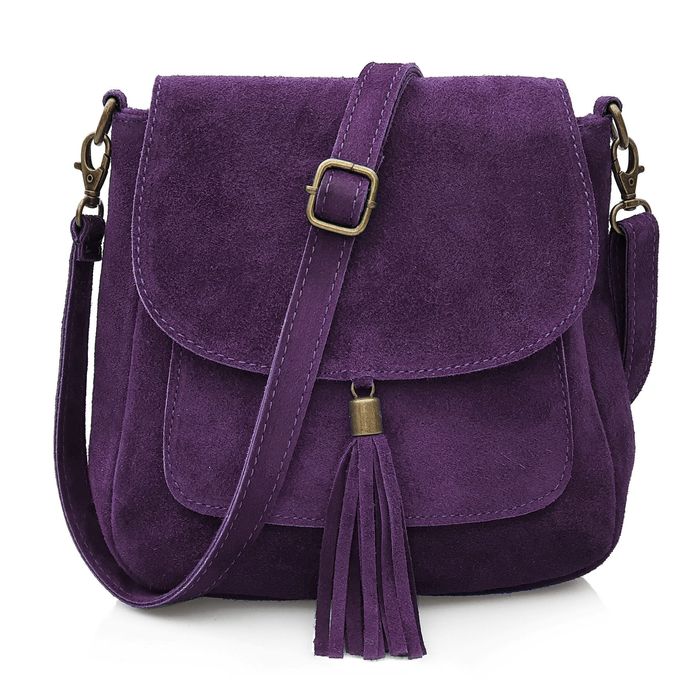 VERA PELLE torebka zamszowa listonoszka z klapą V449 c.fioletowa