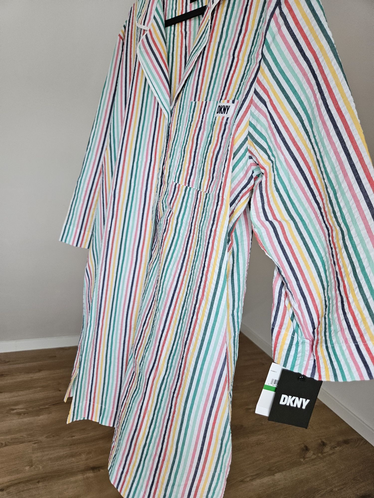 DKNY piżama koszula nocna sukienka do spania paski muślin bawełna