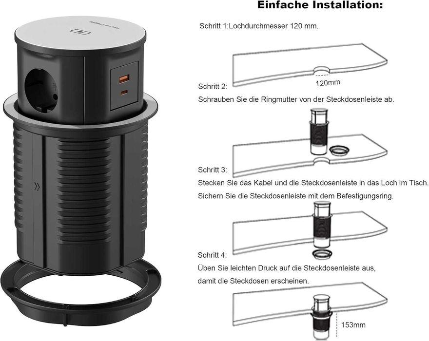 Wysuwana listwa zasilająca z USB C bezprzewodowe ładowanie 120 mm