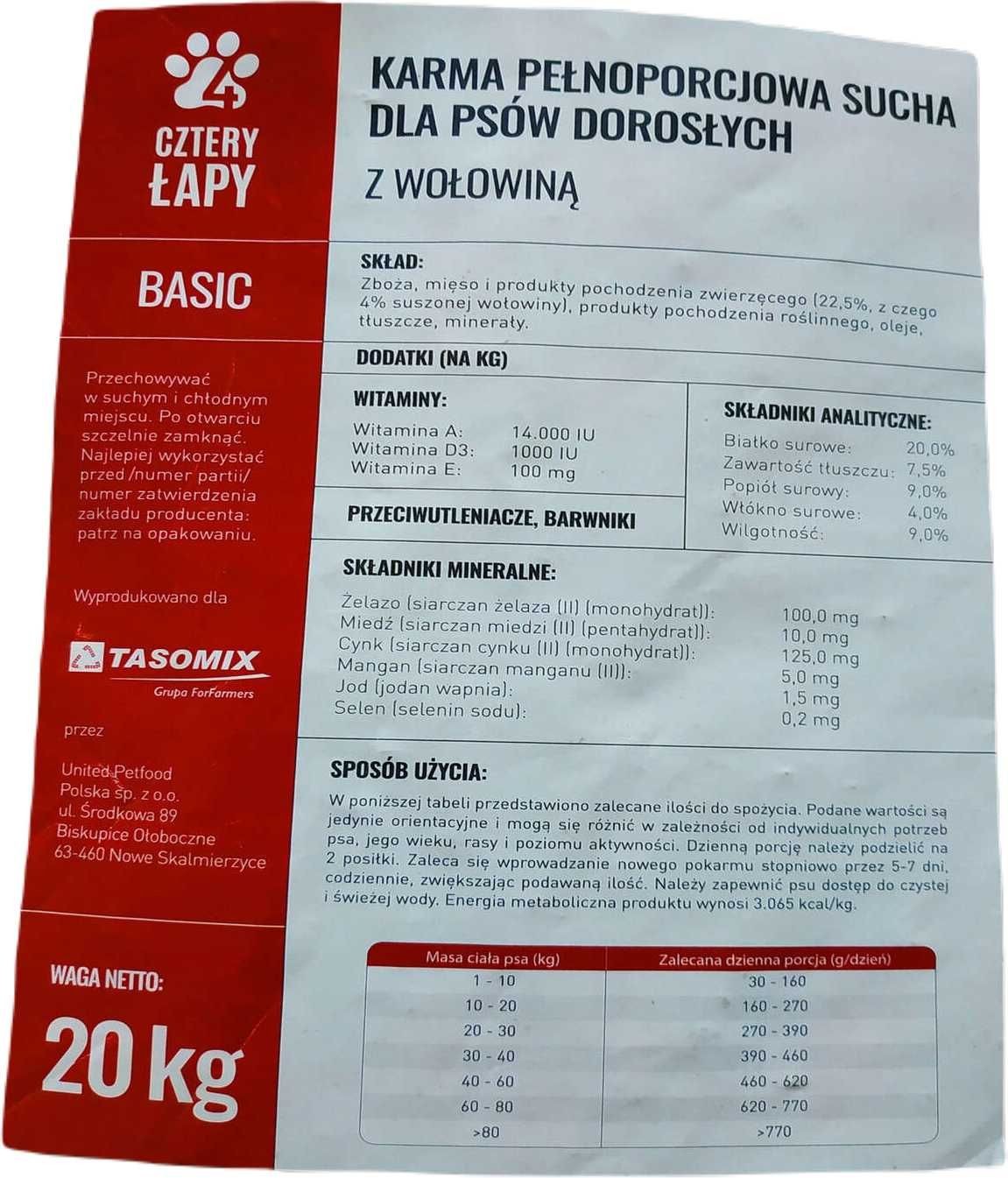 Cztery Łapy karma sucha dla psa wołowina 20 kg