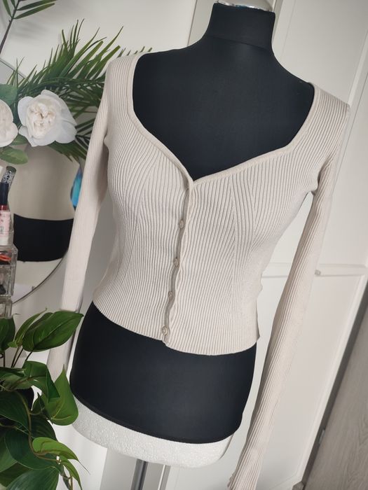 H&M sweterek jasny ecru beżowy damski dziewczęcy rozmiar 36 S zapinany