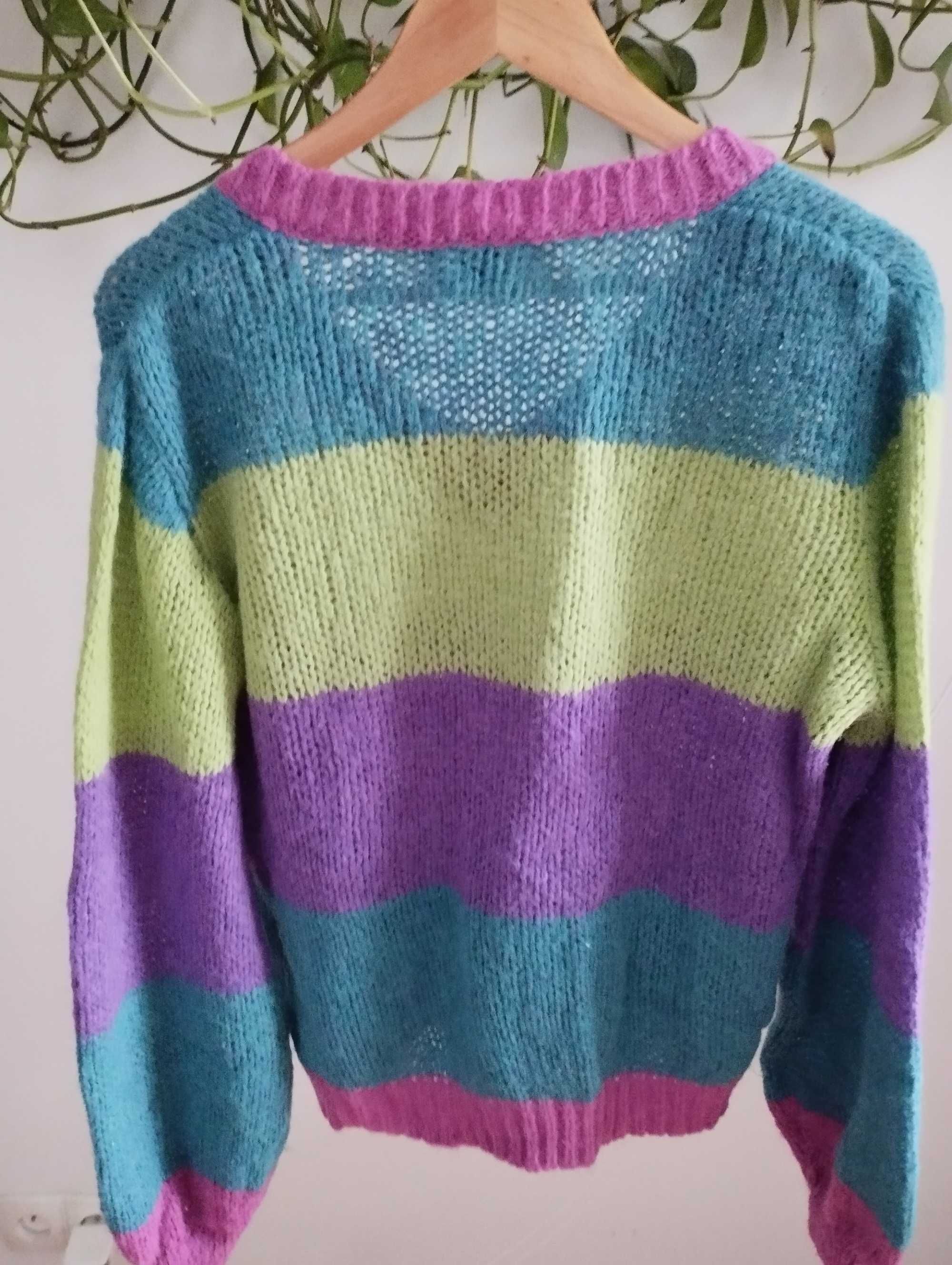 Sweter w paski modne szersze rękawy J&S millenium 8% wool 15% mohair