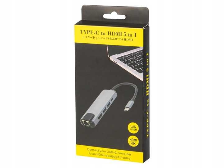 Karta sieciowa HUB USB-C adapter HDMI RJ45 LAN 5w1