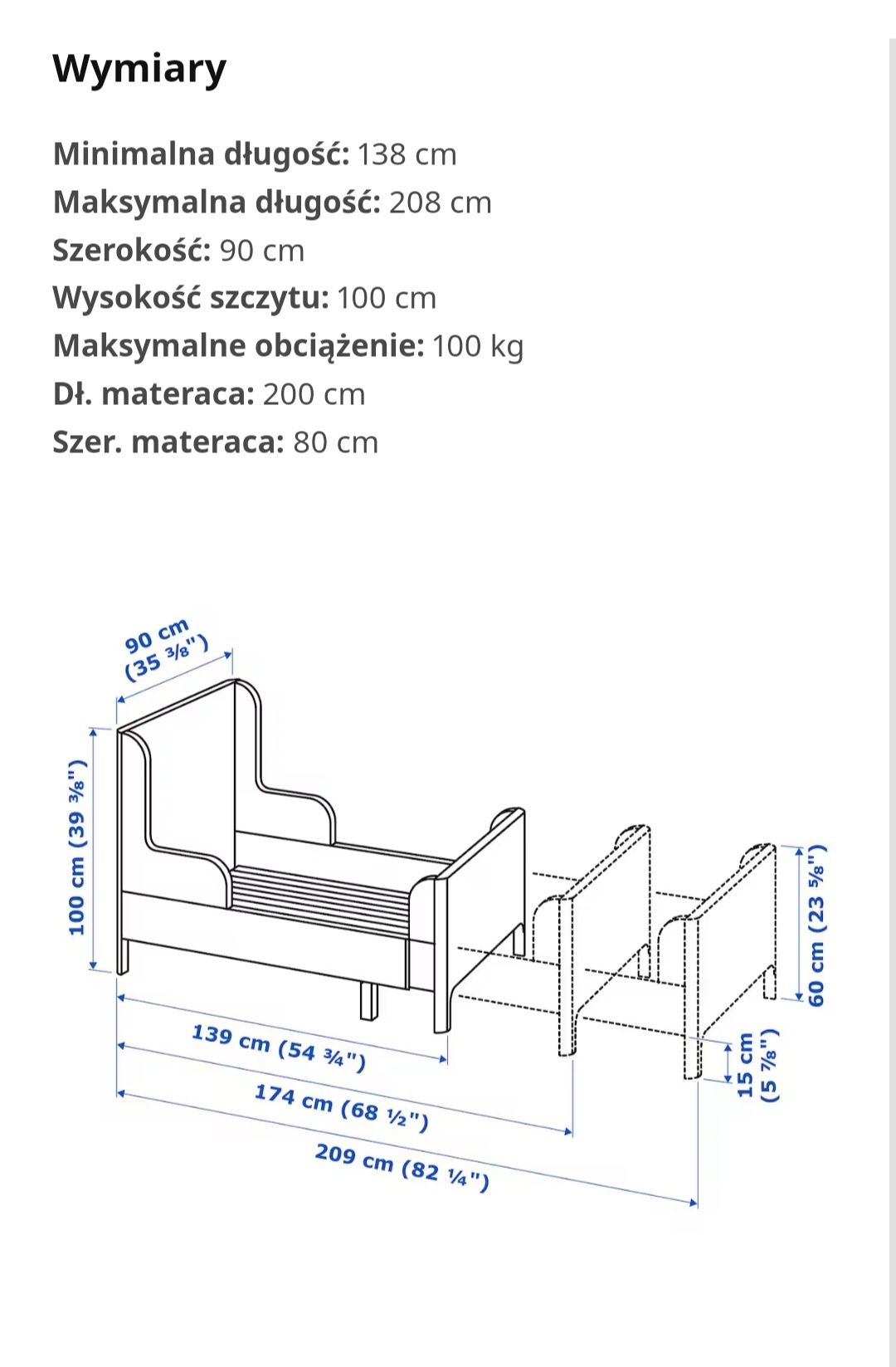 Łóżko z regulacją długości BUSUNGE IKEA + komplet materacy