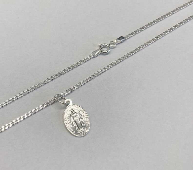 Srebrny komplet łańcuszek pancerka i cudowny medalik p.925 Komunia Św
