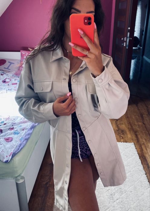 Płaszcz eko skórka ecru kremowy dłuższy m l jesienny new z metką butik